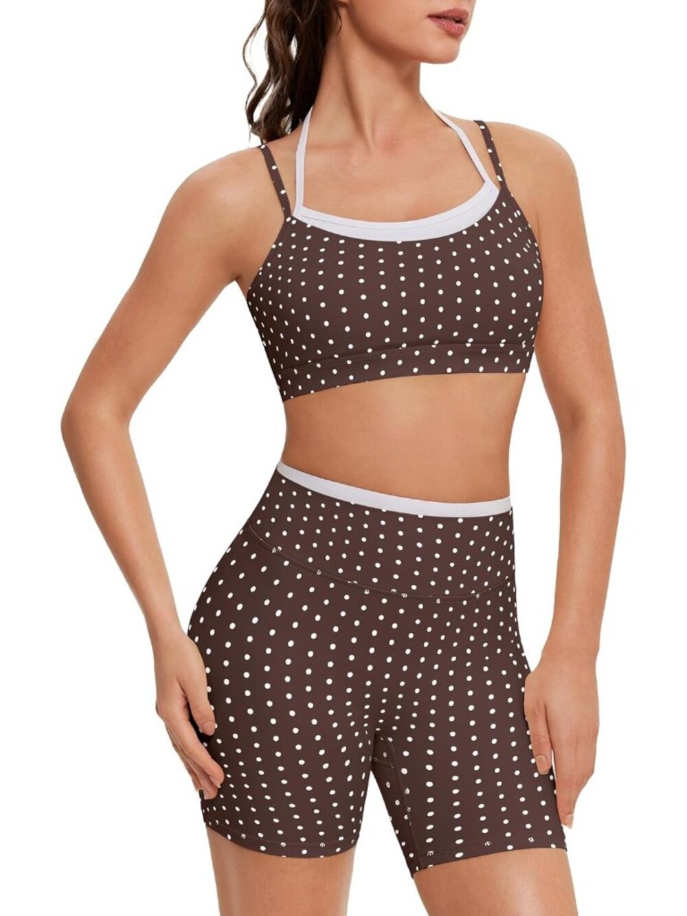 Women Brown White Doubel Layer Open Back Activewear Sports Bra & Gym Shorts Set